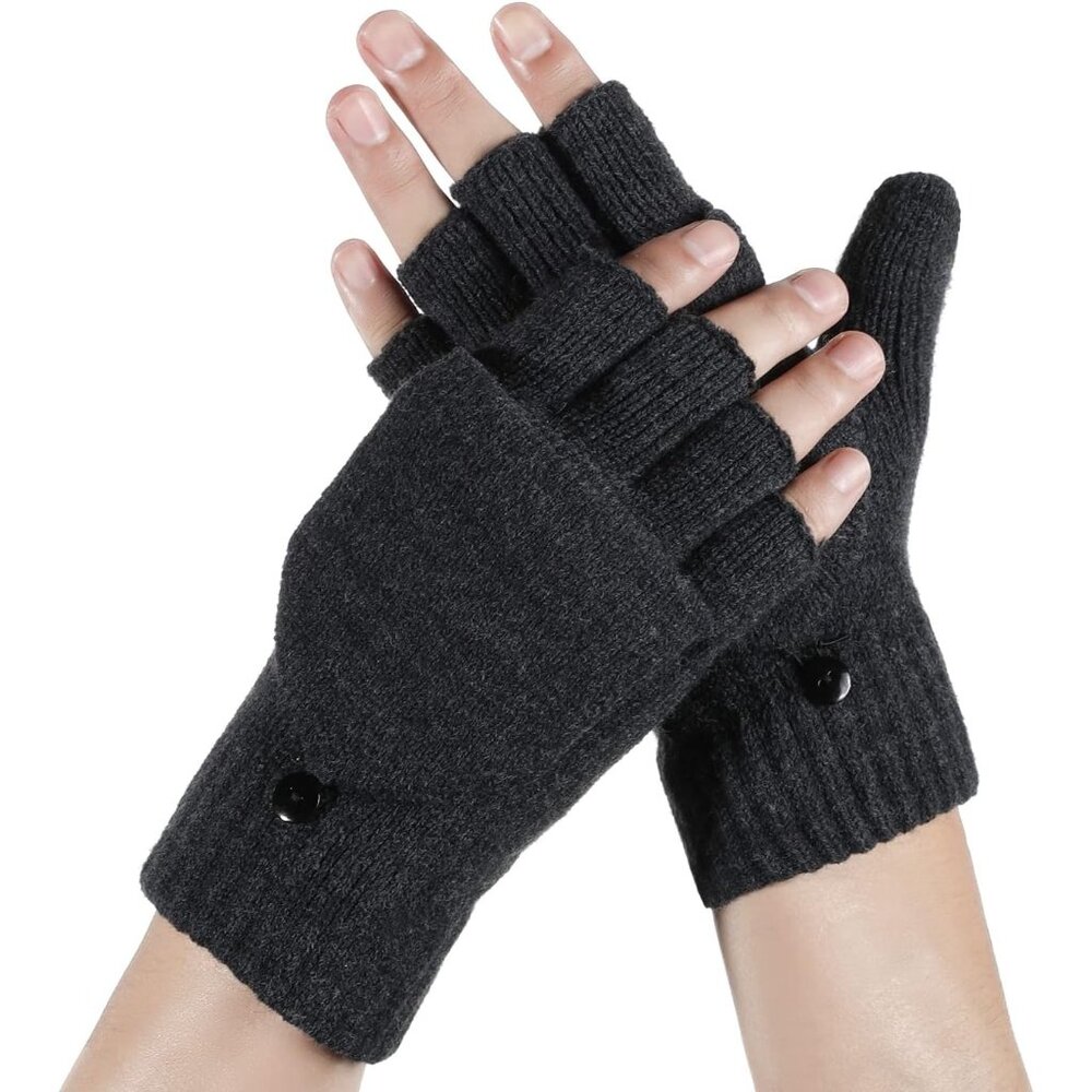 Women's Dark Gray Windproof Fingerless Lining Mittens Flip Cover Fashion Gloves
